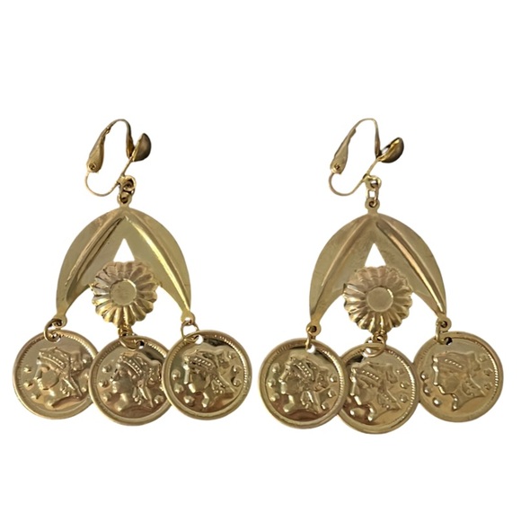 Vintage Etruscan Gold Ancient Coin Chandelier Drop Clip Ons Earrings - Picture 2 of 10